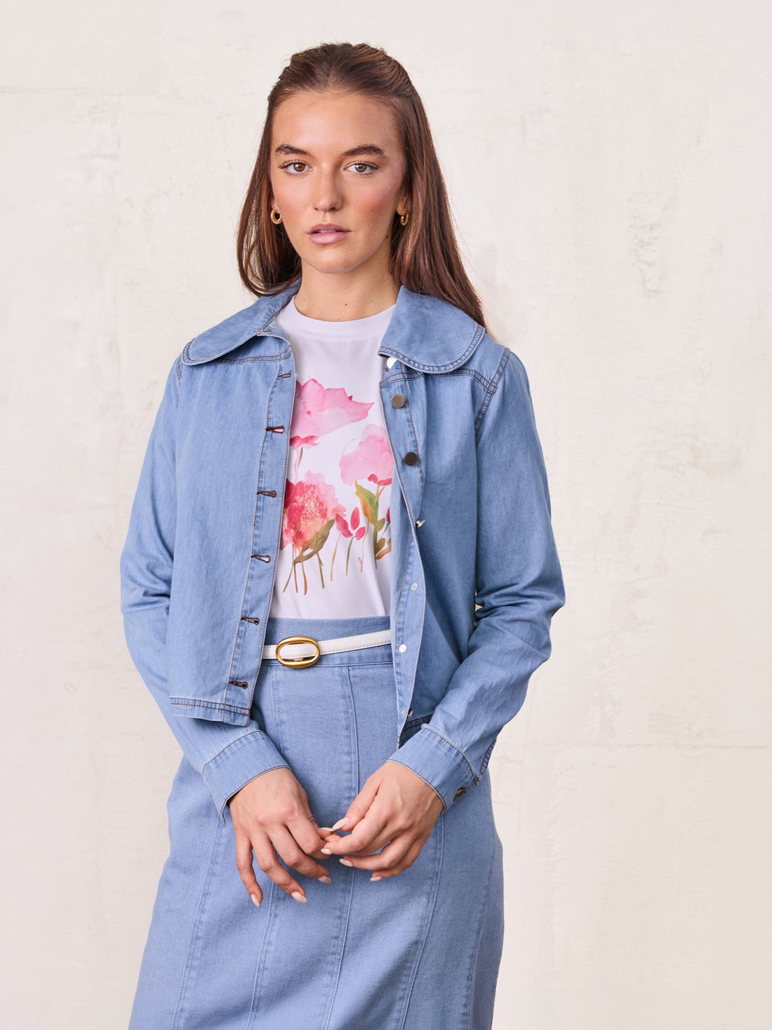 Boxy Denim Collared Top-Light Blue
