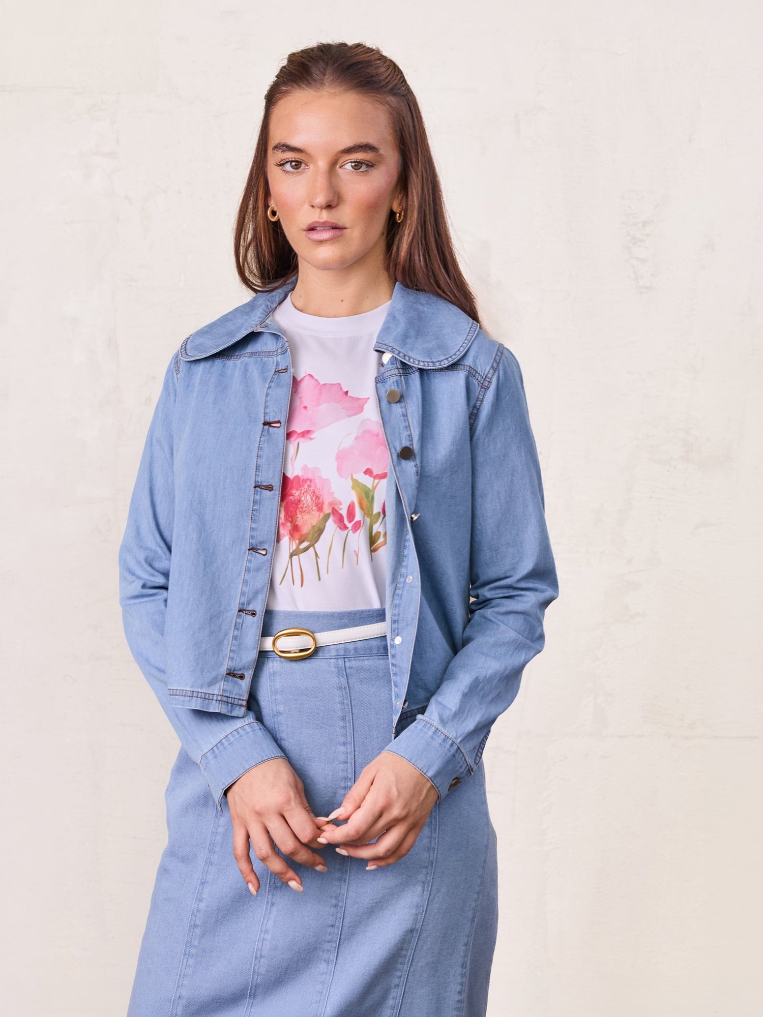 Boxy Denim Collared Top-Light Blue