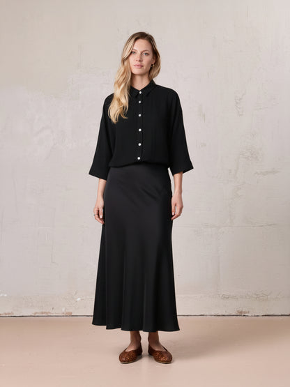 Boxy Dolman Sleeve Crinkle Blouse-Black