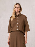 Boxy Dolman Sleeve Crinkle Blouse-Brown