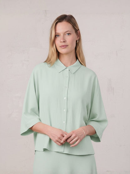 Boxy Dolman Sleeve Crinkle Blouse-Mint Green