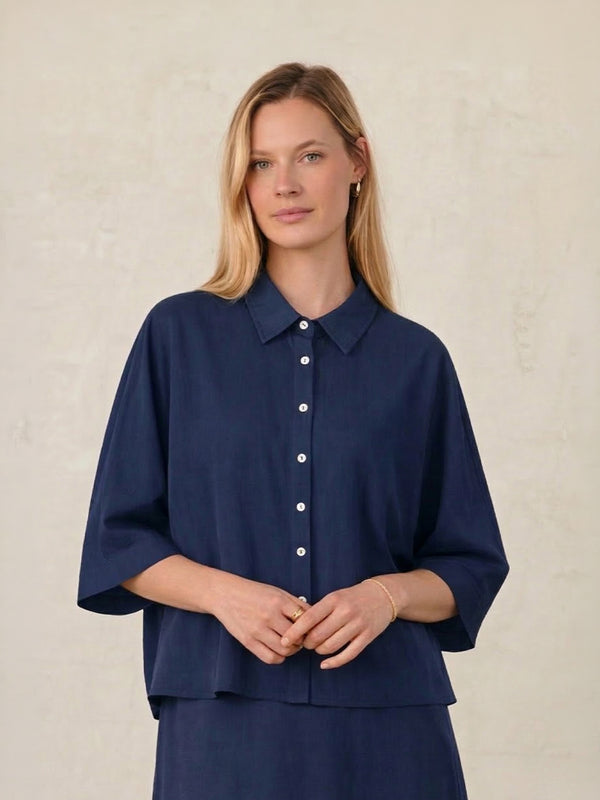 Boxy Dolman Sleeve Crinkle Blouse-Navy