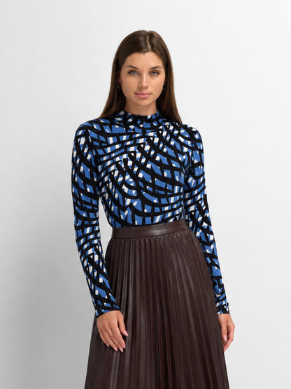 Boxy Printed Modal Turtleneck-Blue Geometric