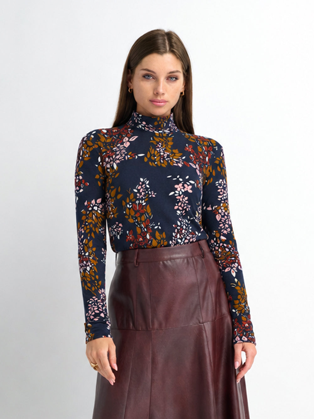 Boxy Printed Modal Turtleneck-Navy Leaf