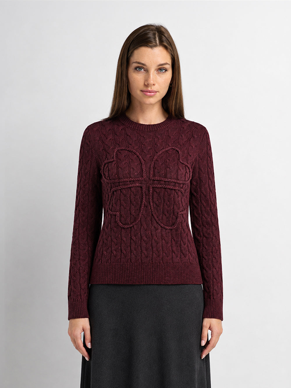 Braided Heart Cable Sweater - Burgundy