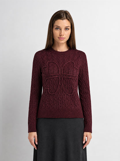 Braided Heart Cable Sweater - Burgundy