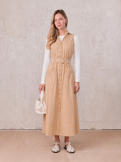 Button Down Belted Jumper-Sand