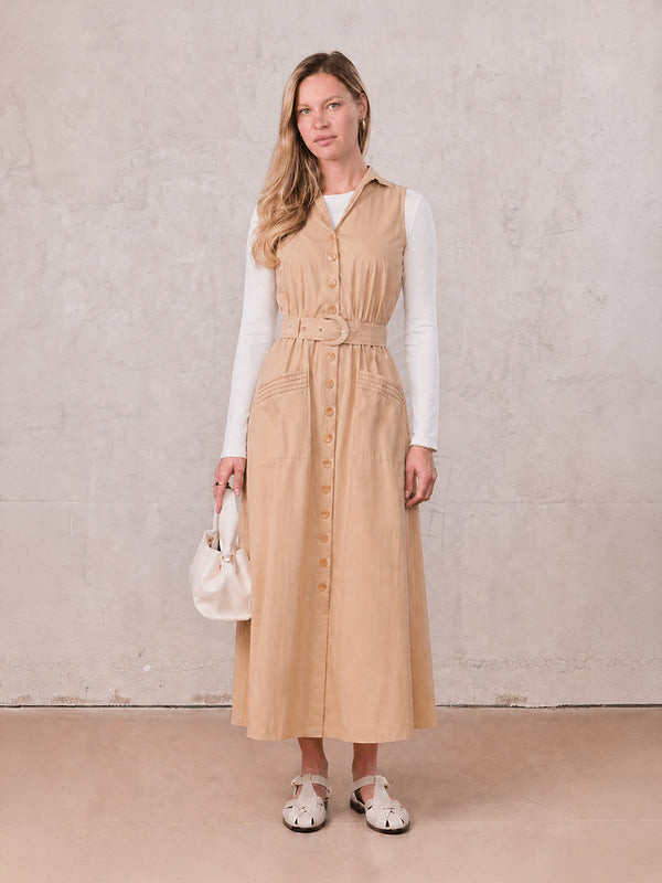 Button Down Belted Jumper-Sand