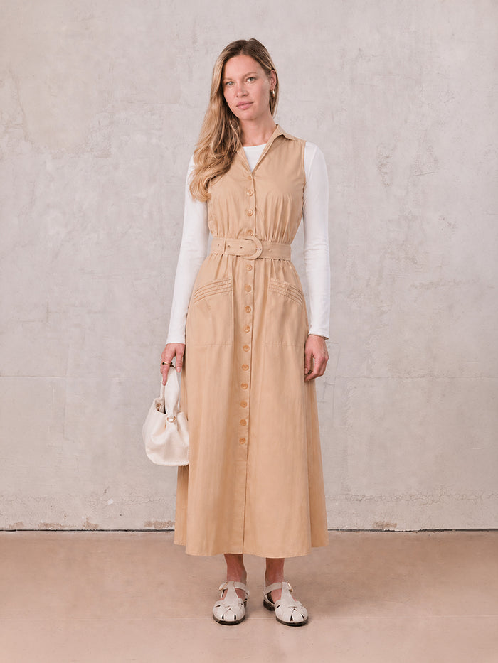 Button Down Belted Jumper-Sand