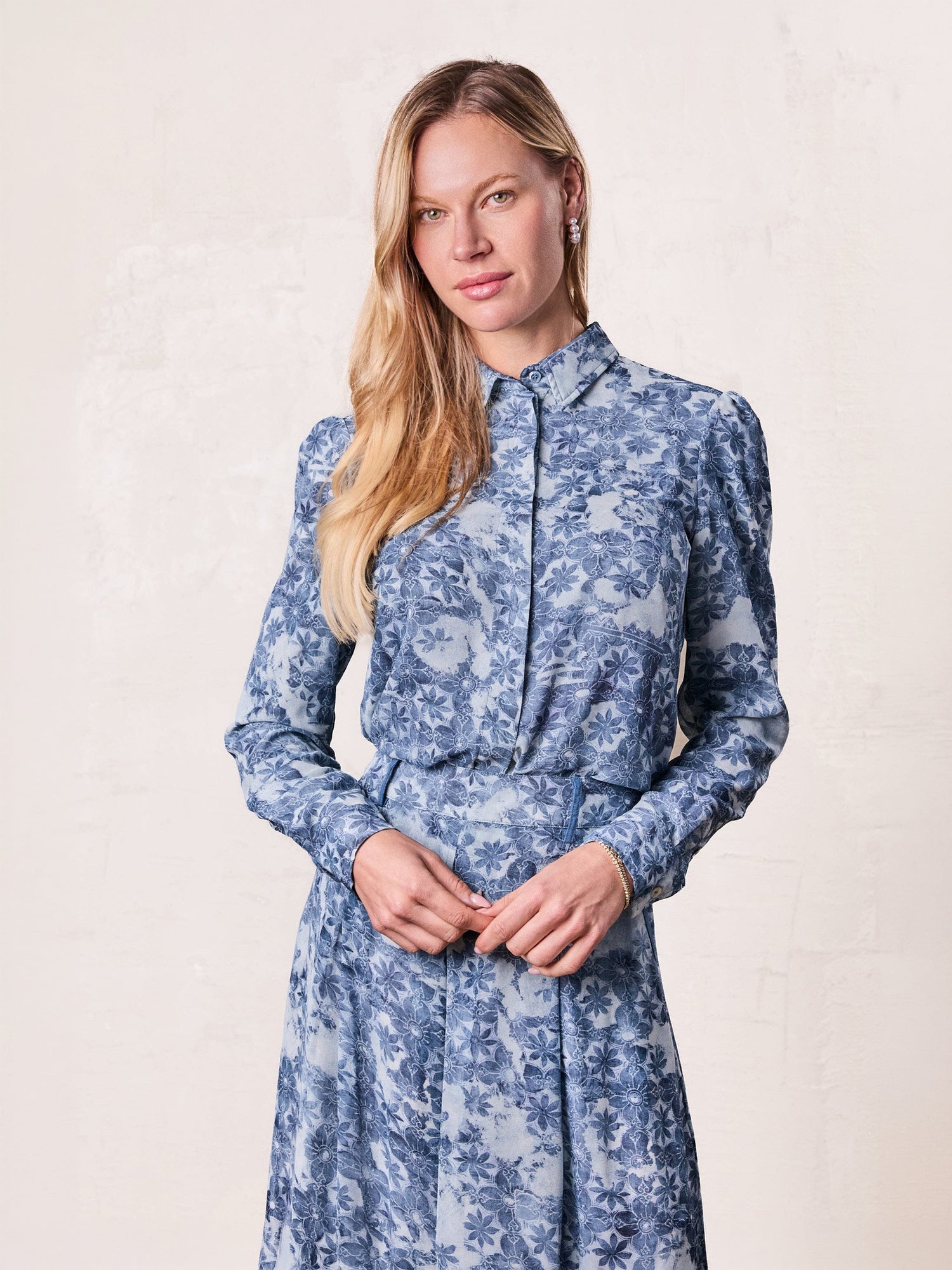 Button Down Bow Blouse-Soft Blue Floral