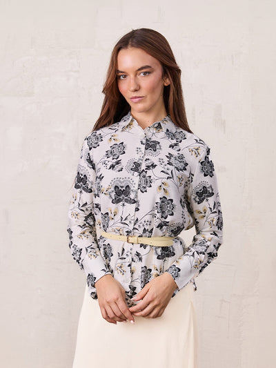 Button Down Collared Blouse-Black/White Floral