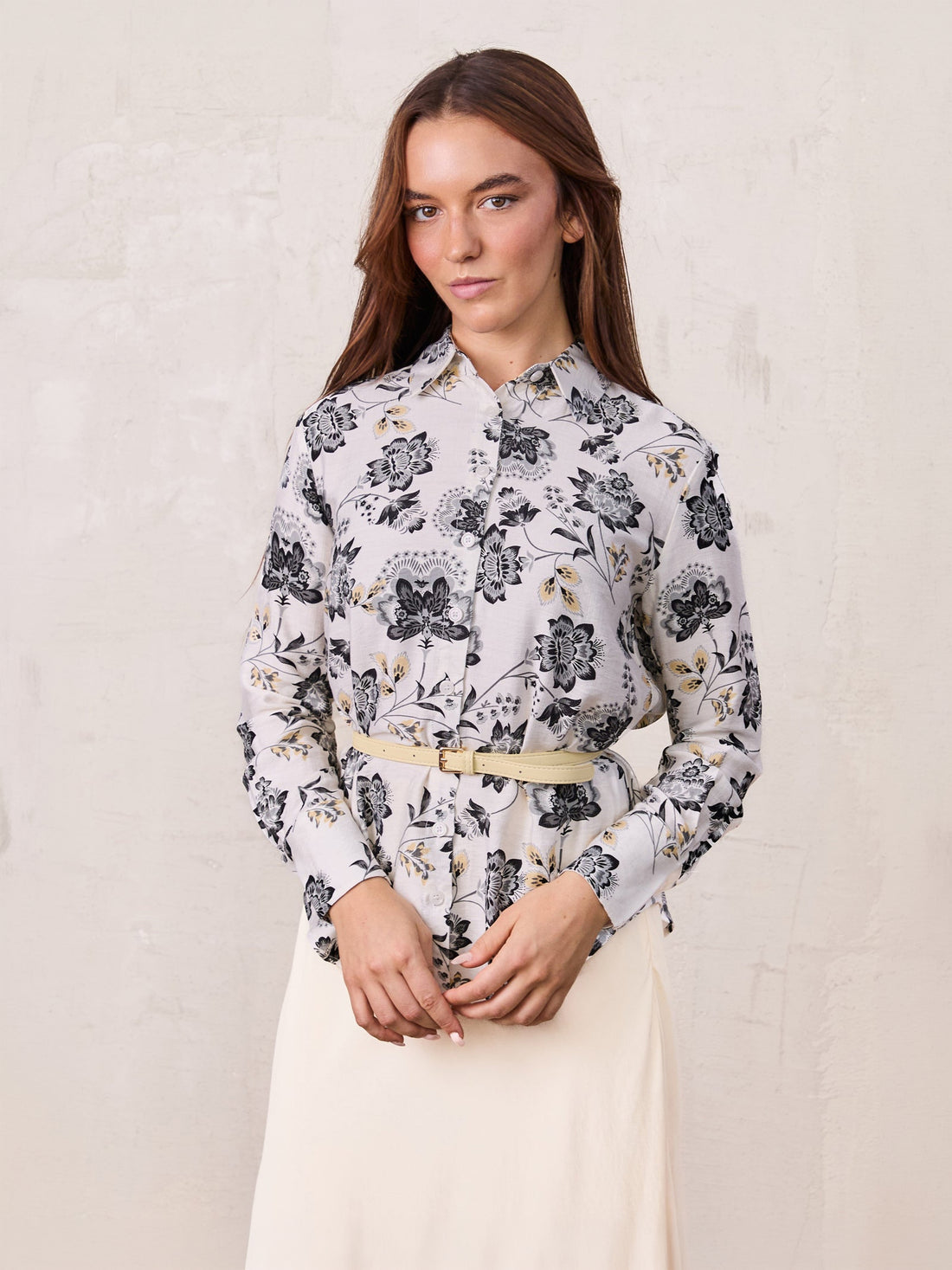 Button Down Collared Blouse-Black/White Floral