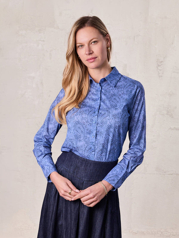 Button Down Collared Blouse-Blue Cotton Paisley