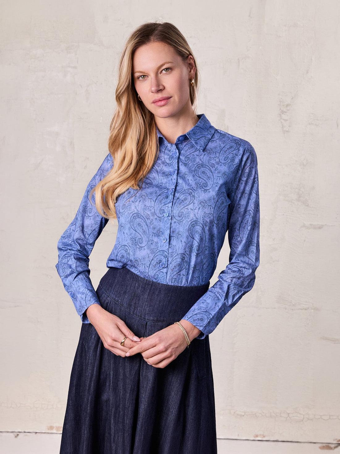 Button Down Collared Blouse-Blue Cotton Paisley