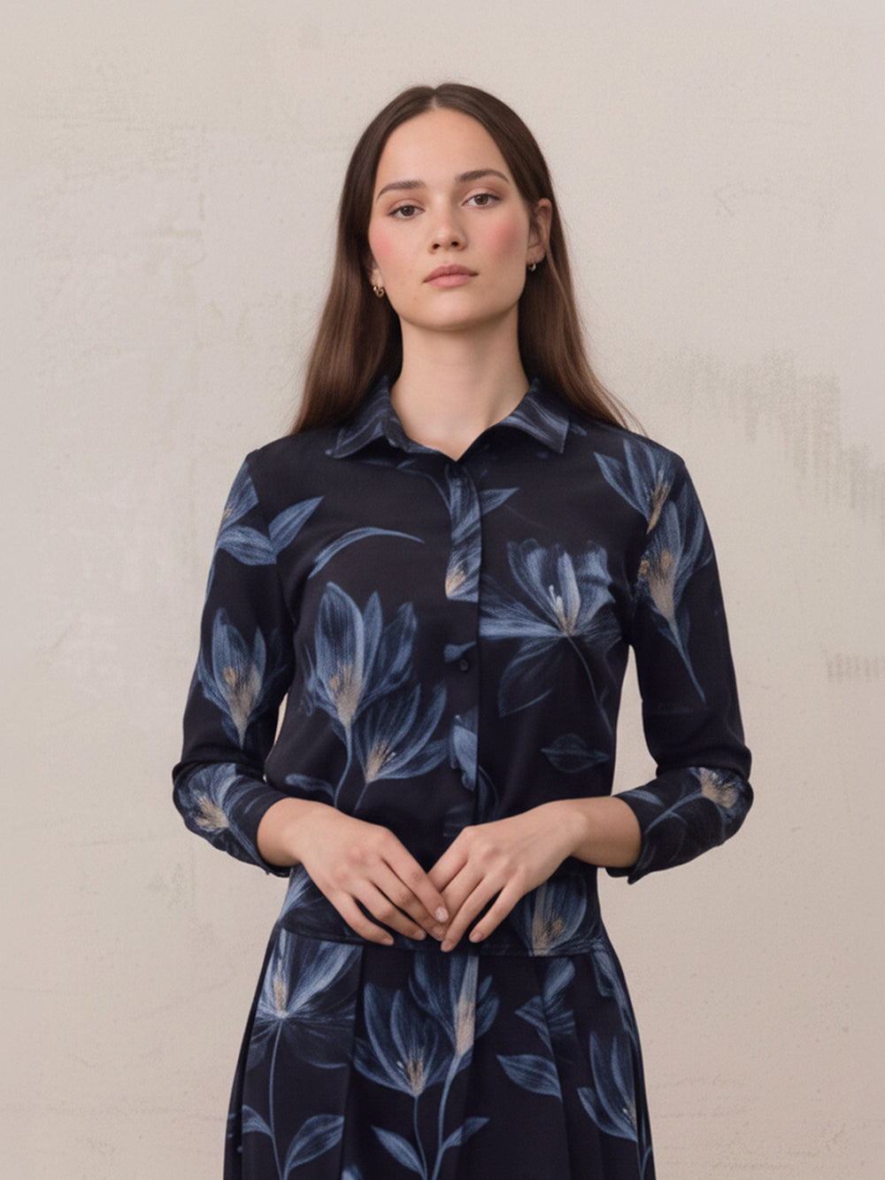 Button Down Collared Blouse-Blue Floral