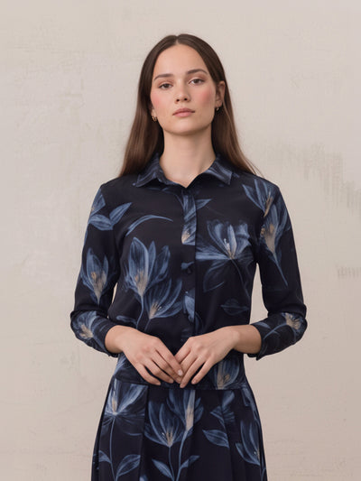 Button Down Collared Blouse-Blue Floral