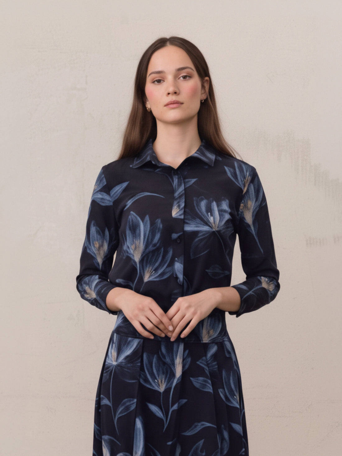 Button Down Collared Blouse-Blue Floral
