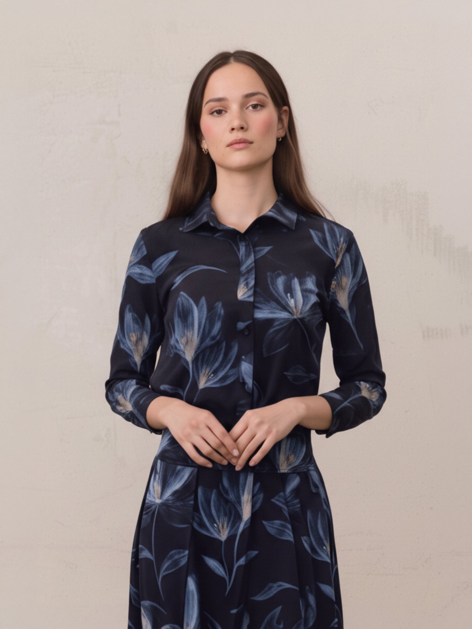 Button Down Collared Blouse-Blue Floral