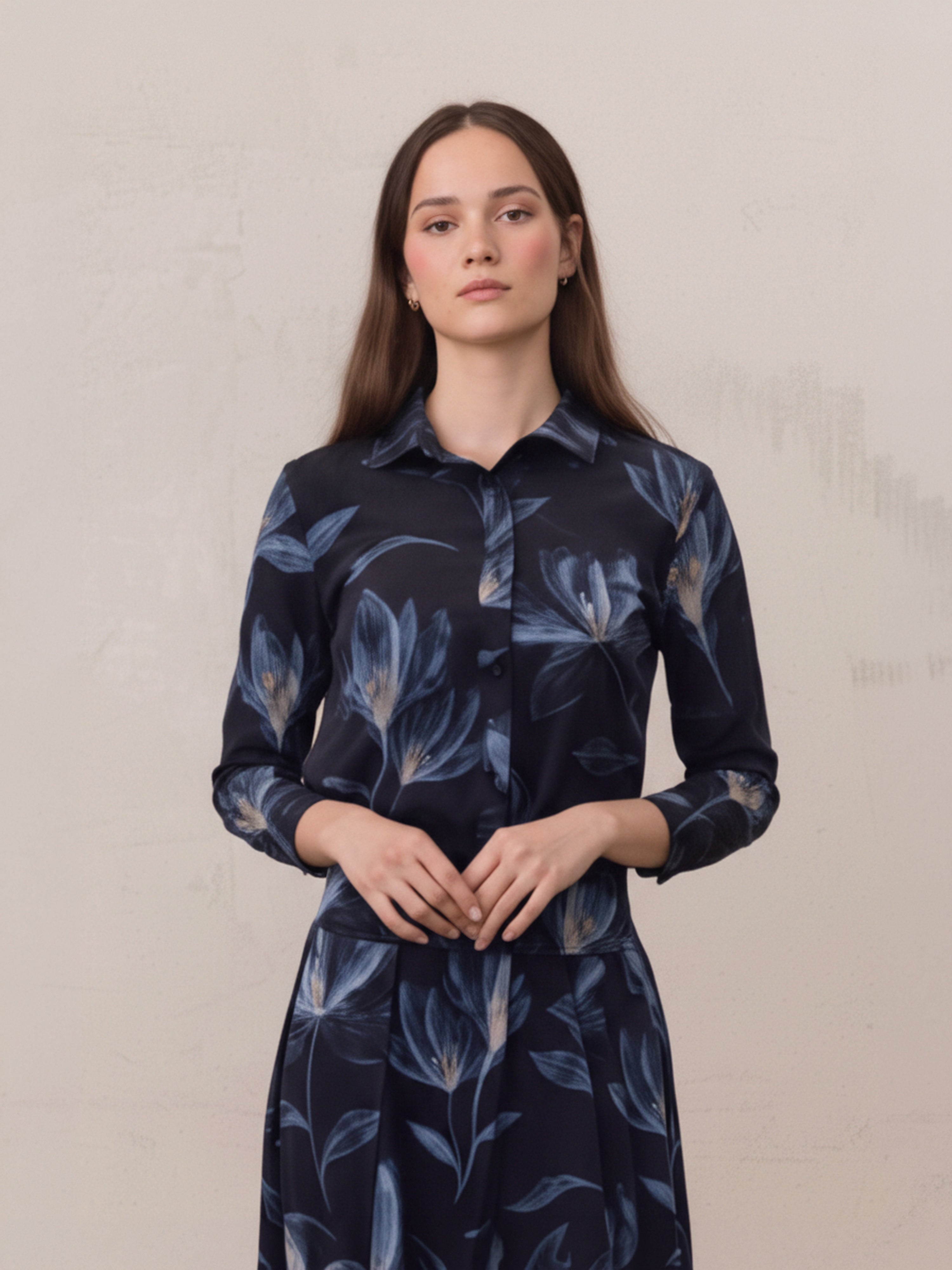 Button Down Collared Blouse-Blue Floral