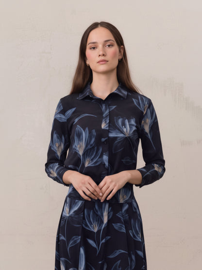 Button Down Collared Blouse-Blue Floral
