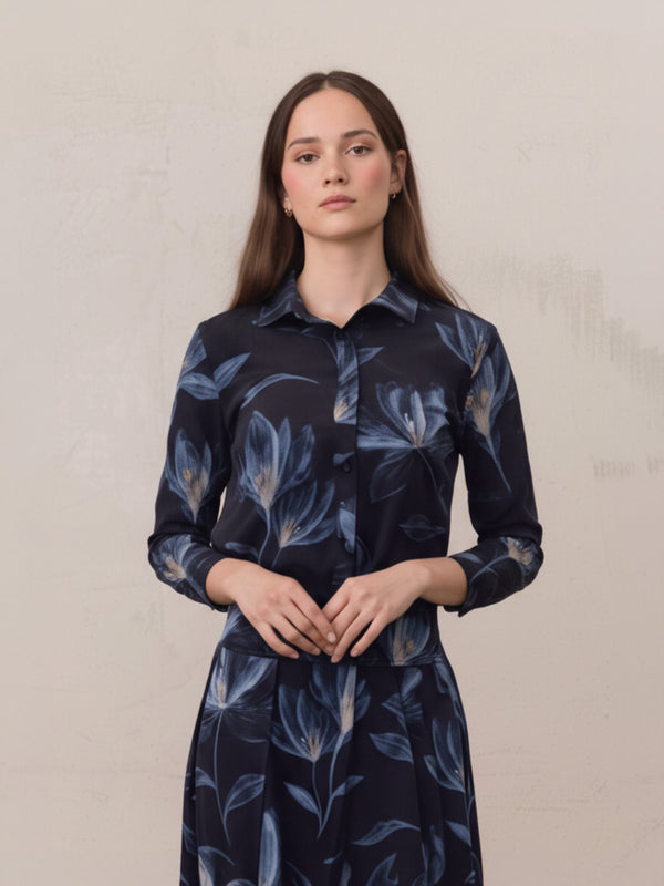 Button Down Collared Blouse-Blue Floral