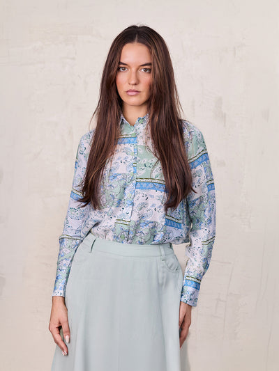 Button Down Collared Blouse-Blue/Mint Bandana