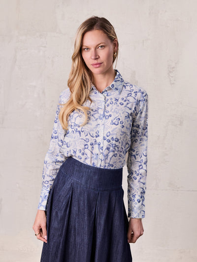 Button Down Collared Blouse-Blue Watercolor