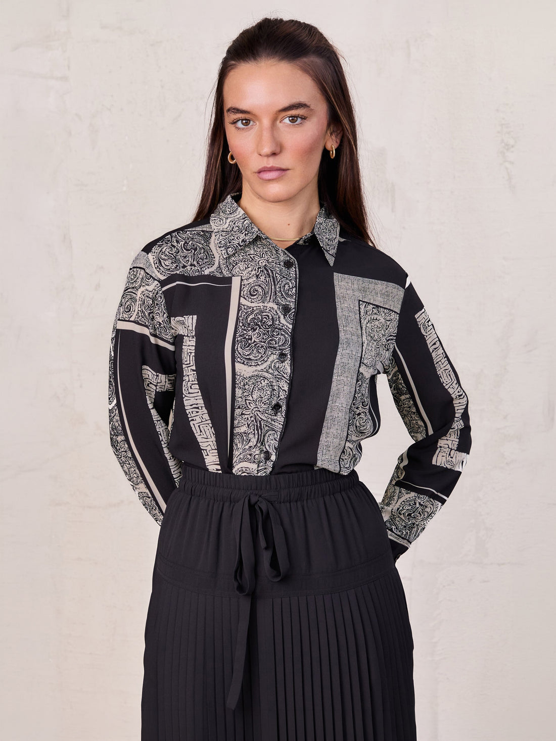Button Down Collared Blouse-Mix Print