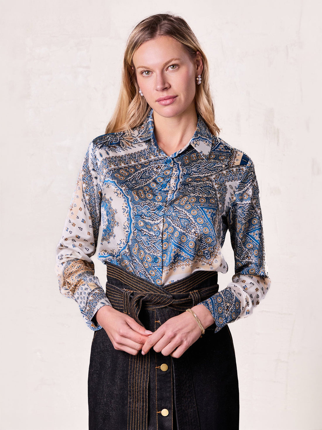 Button Down Collared Blouse-Teal Faux Satin