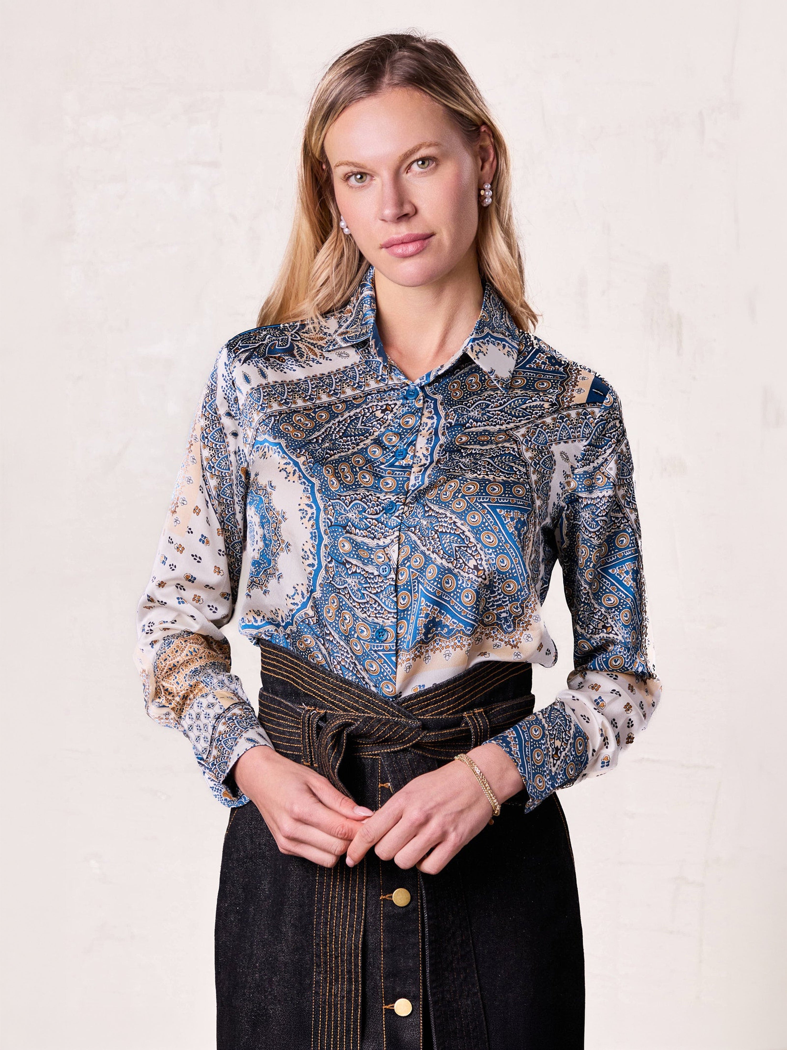 Button Down Collared Blouse-Teal Faux Satin