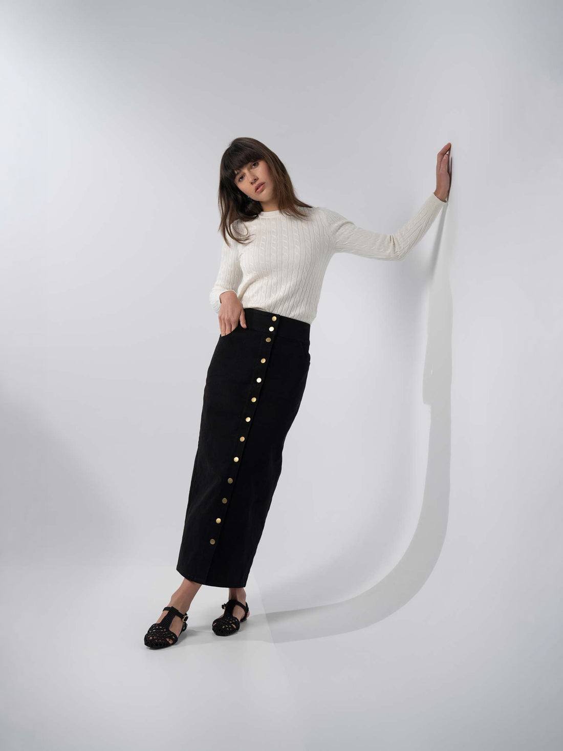Button Down Denim Skirt-Black