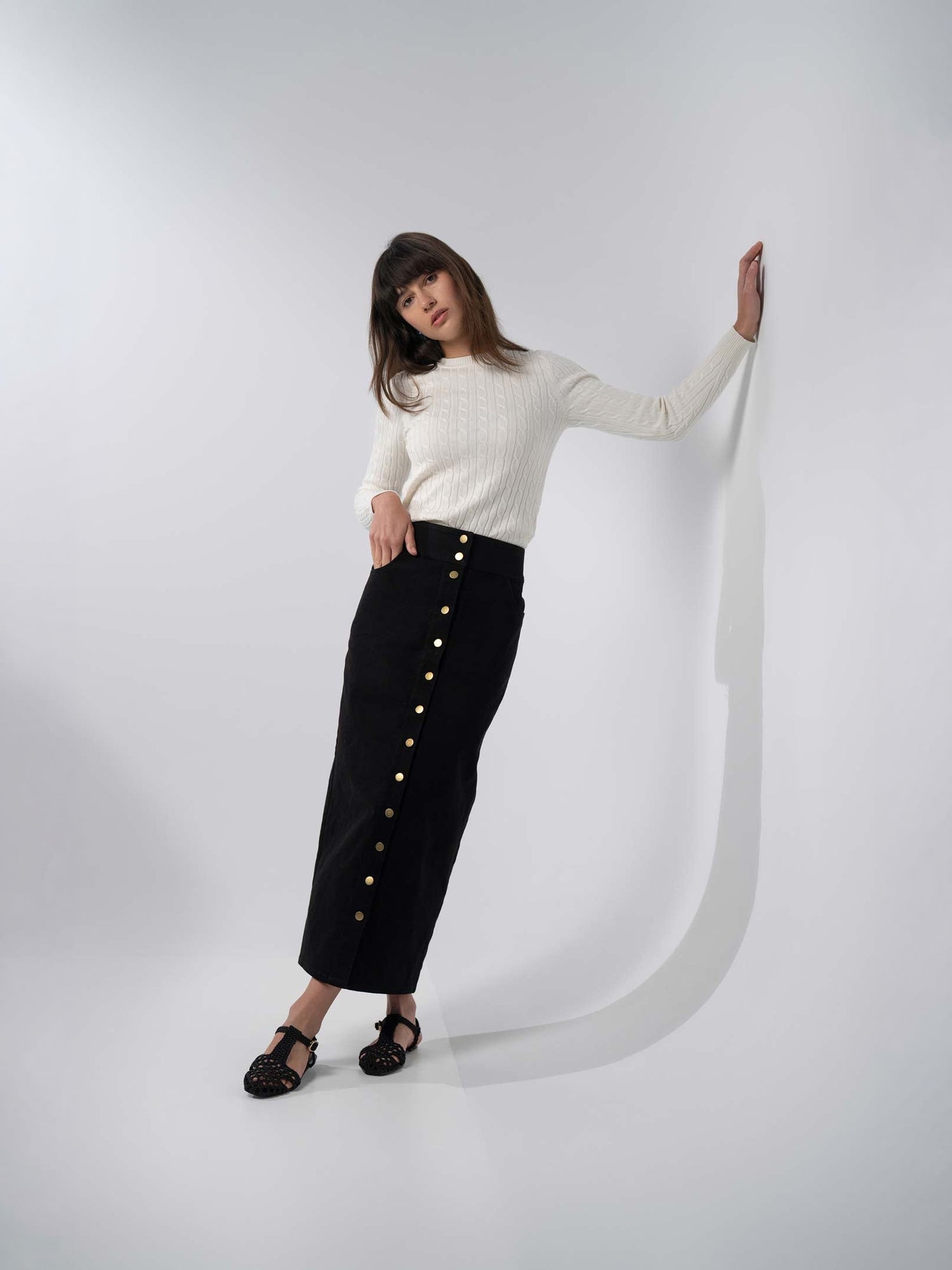 Button Down Denim Skirt-Black