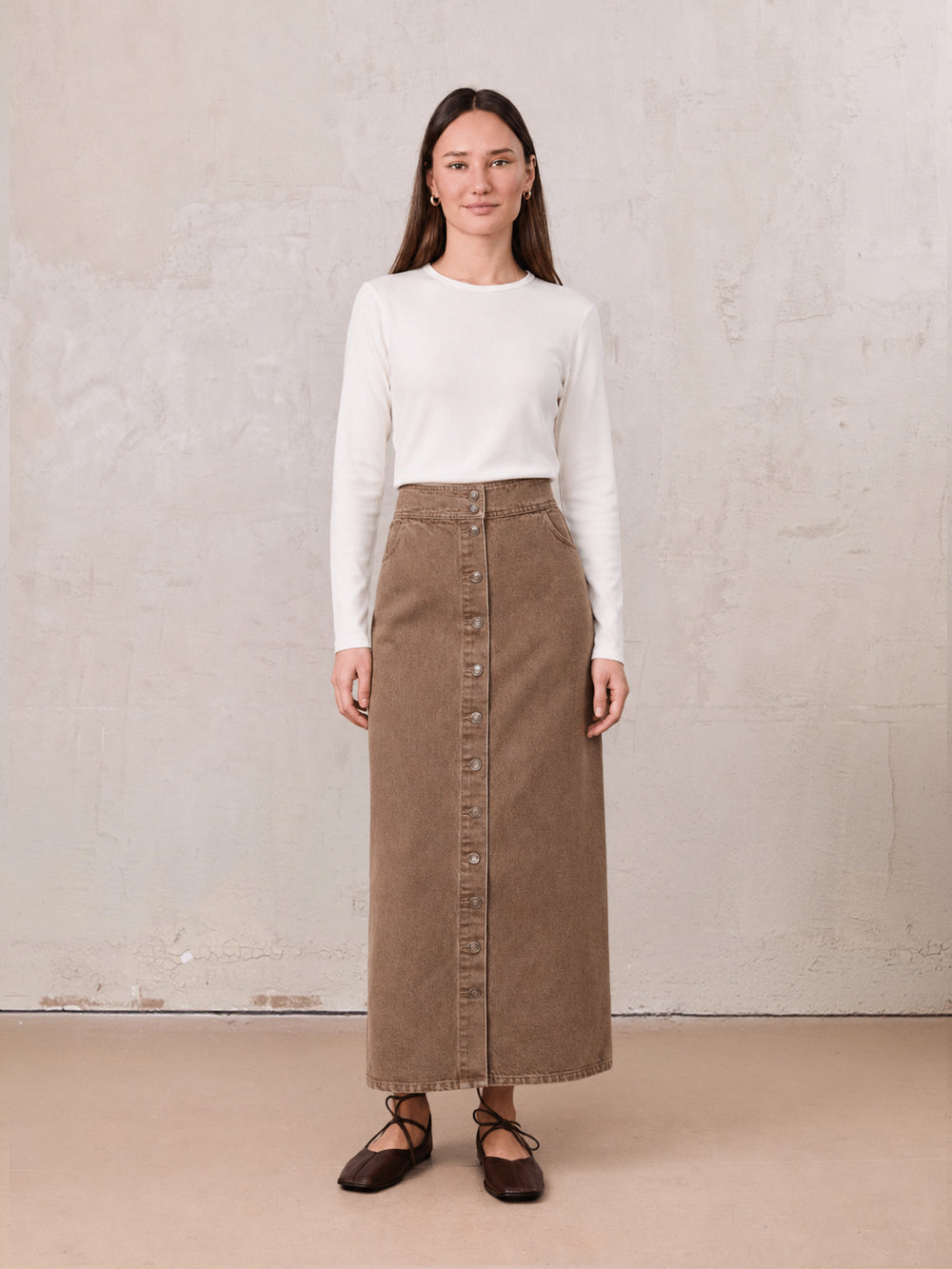 Button Down Denim Skirt-Brown