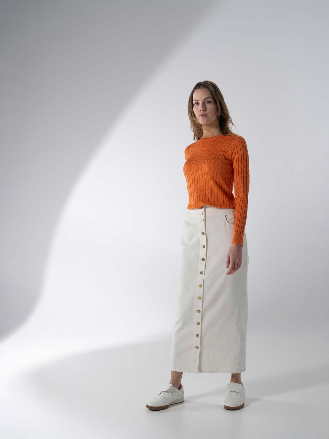 Button Down Denim Skirt-White