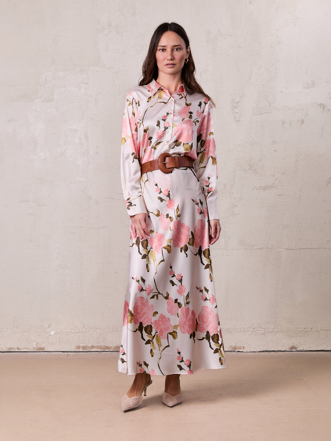 Button Down Faux Satin Blouse-Peach Floral