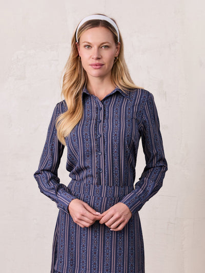 Button Down Flower Print Blouse-Blue Striped Medallion
