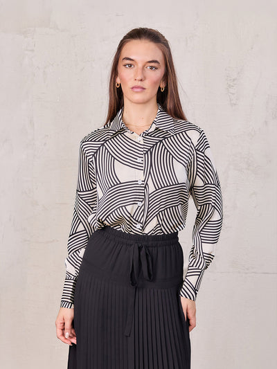 Button Down Print Blouse-Geometric Lines