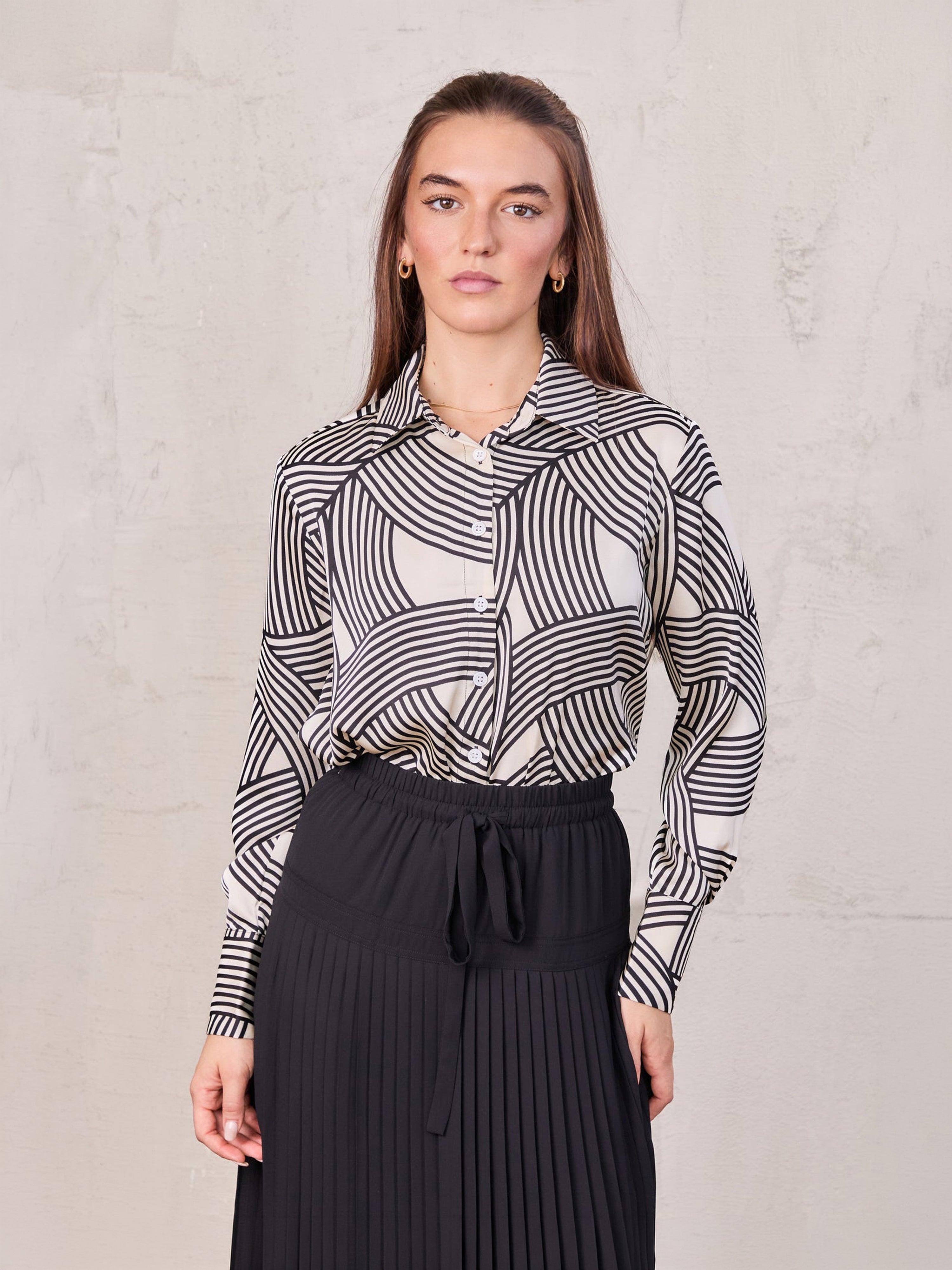Button Down Print Blouse-Geometric Lines