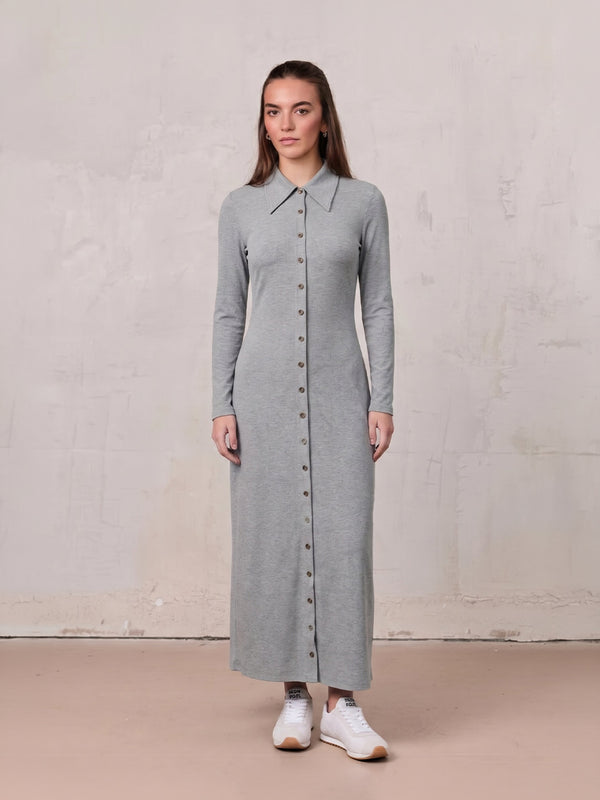 Button Down Ribbed Maxi Dress-Heathered Grey