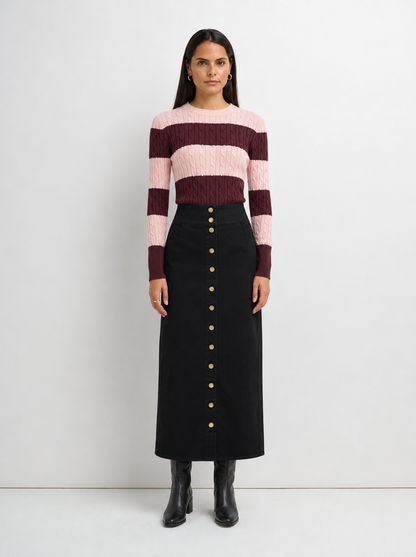 Button Down Straight Denim Skirt - Black