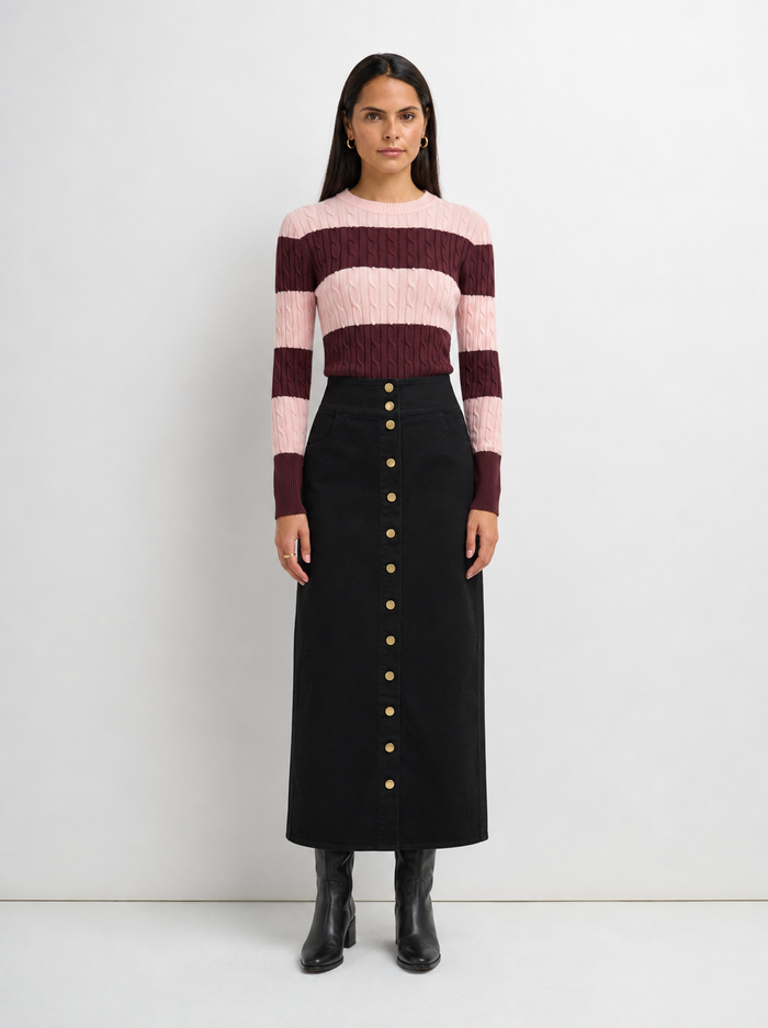 Button Down Straight Denim Skirt - Black
