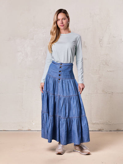 Button Prairie Denim Skirt-Blue