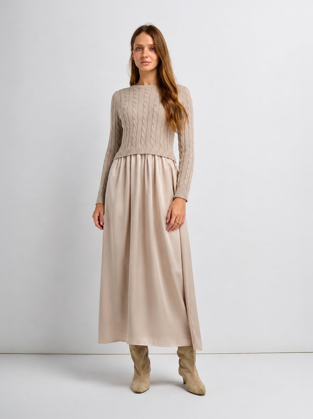 Cable Knit Faux Satin Bottom Dress - LT Tan
