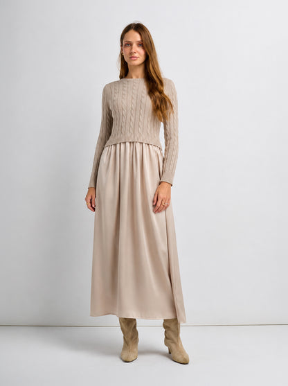 Cable Knit Faux Satin Bottom Dress - LT Tan
