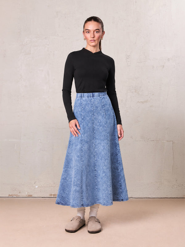Paneled Flare Skirt 35"-Light Blue Wash