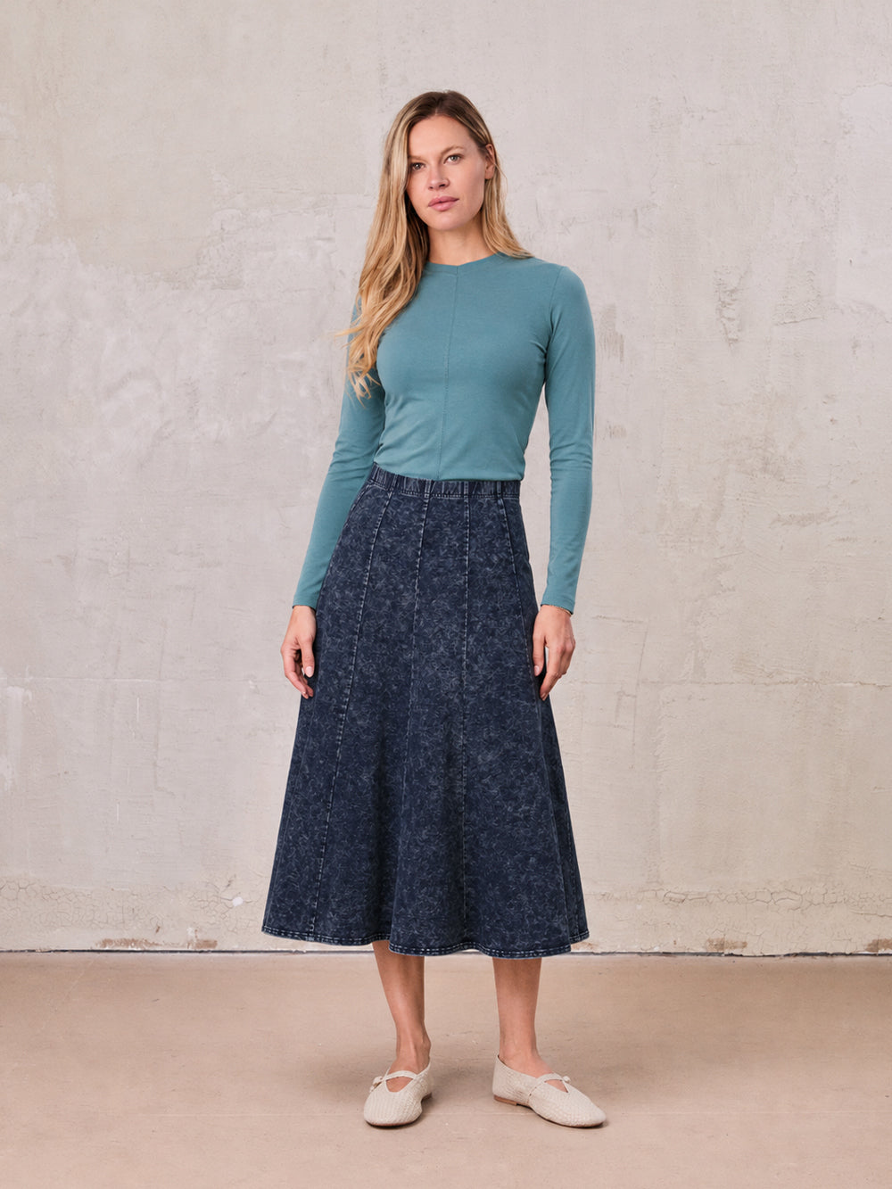 Paneled Flare Skirt 35"-Blue Wash