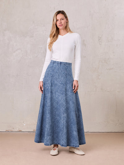 Paneled Flare Skirt 37"-Light Blue Wash