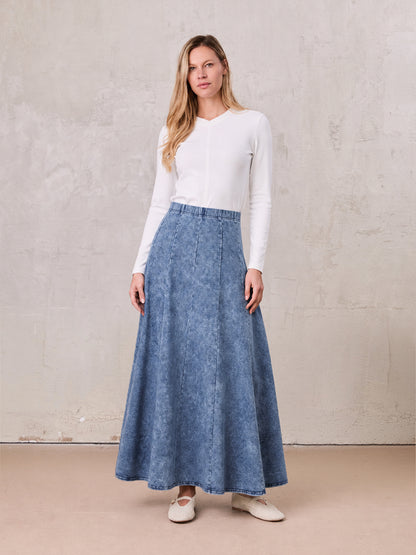 Paneled Flare Skirt 37"-Light Blue Wash