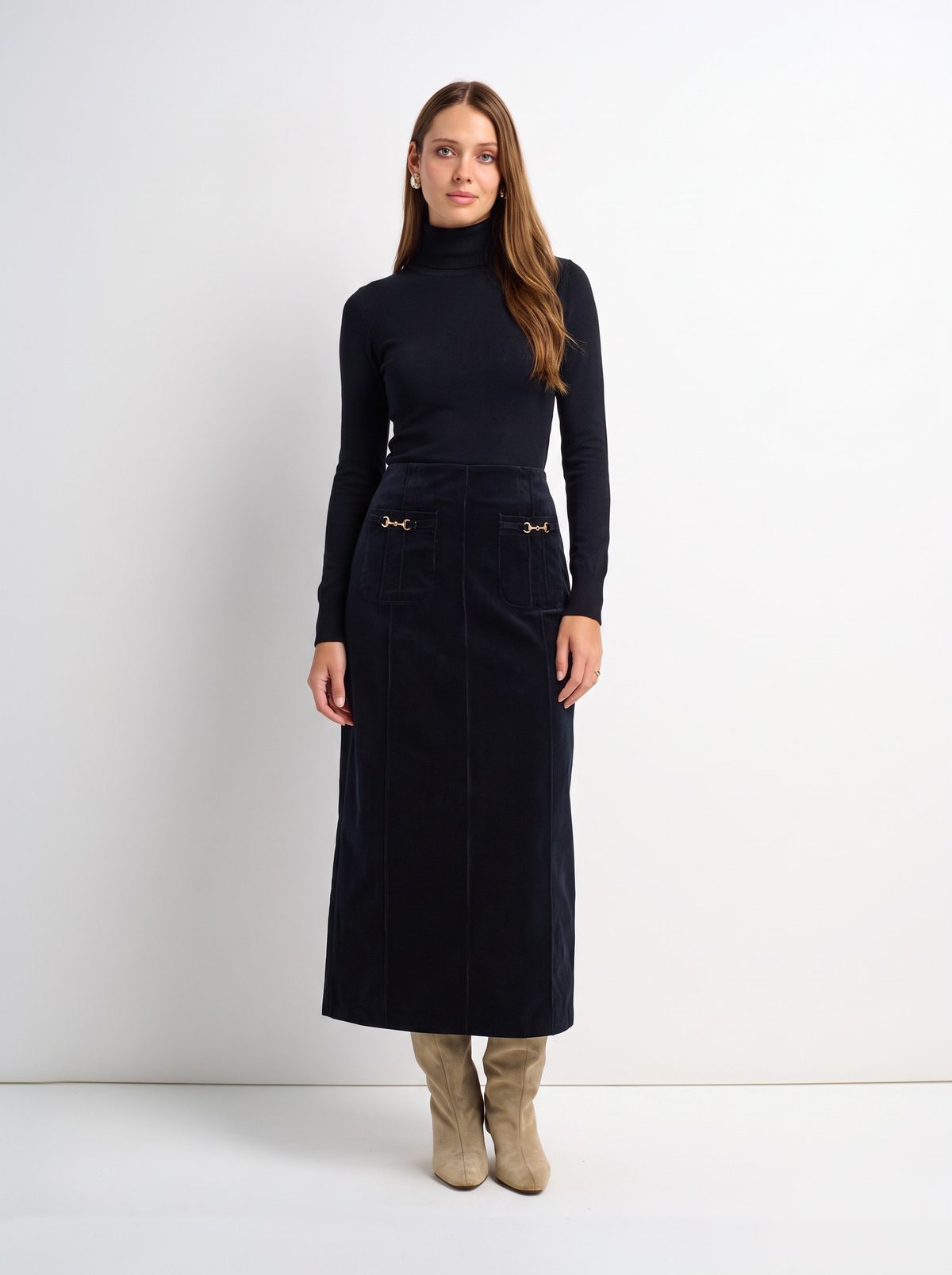 Chain Detail Corduroy Skirt - Navy