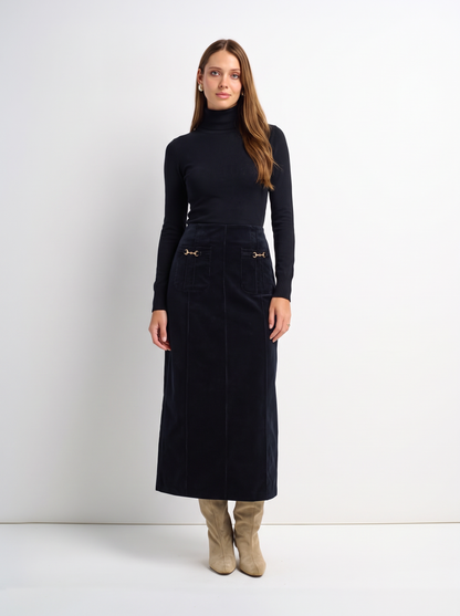 Chain Detail Corduroy Skirt - Navy